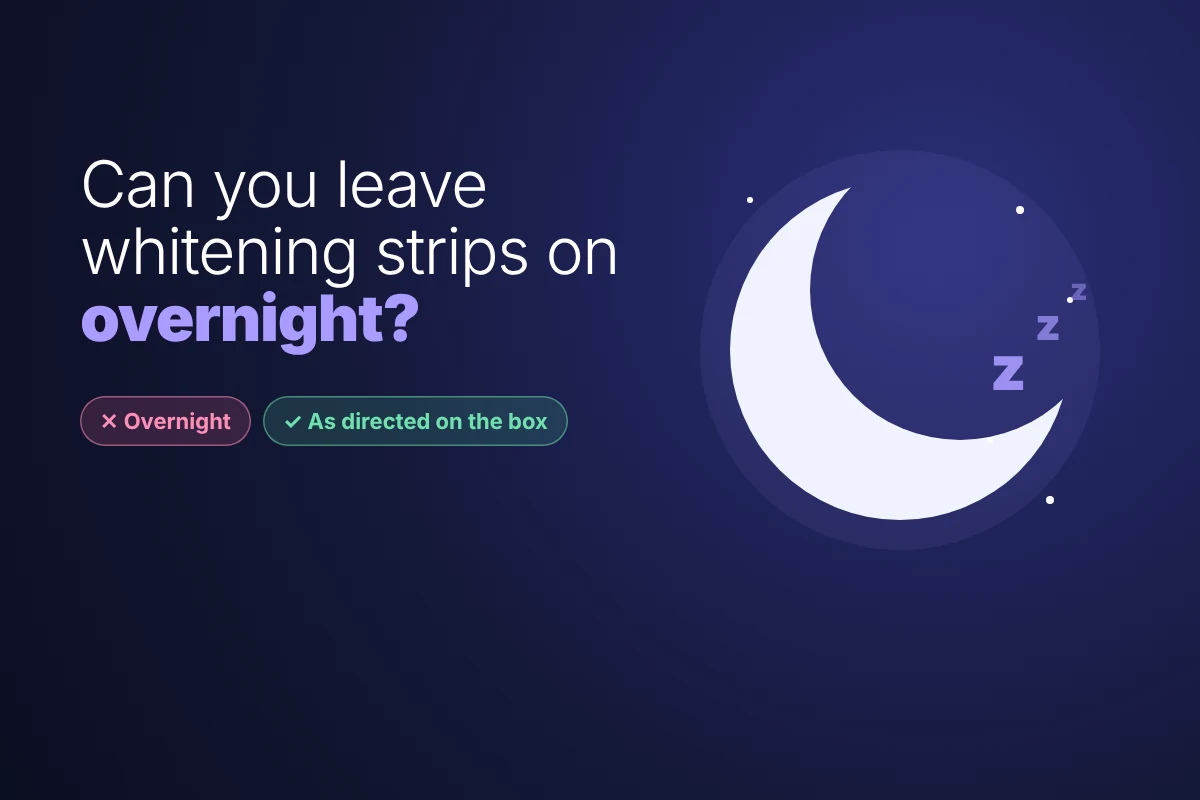 Night-time graphic with a crescent moon asking whether you can leave whitening strips on overnight