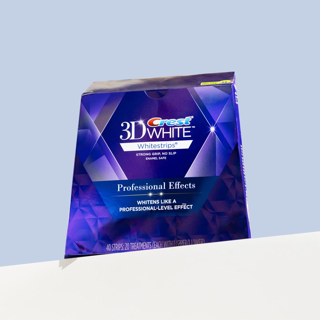 Crest 3D White Whitestrips Professional Effects box on a white plinth